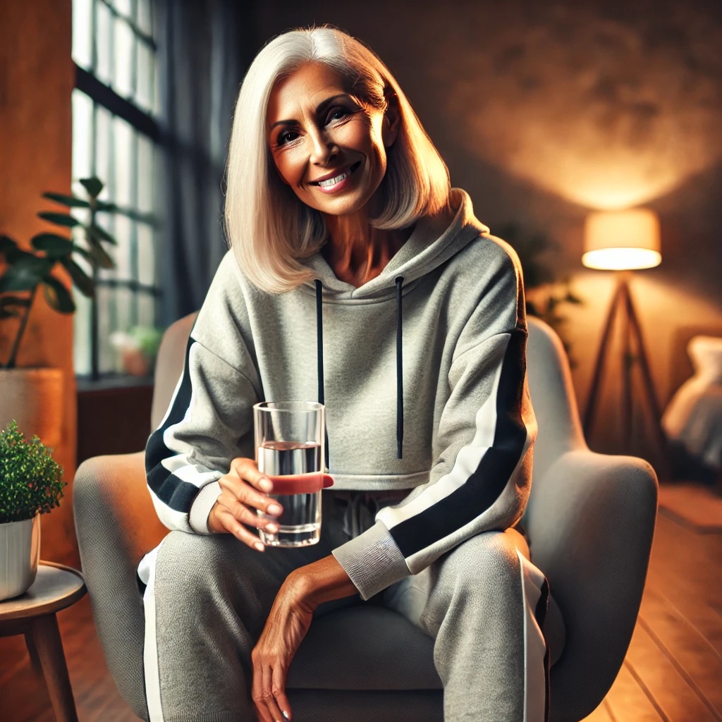 Стильна старушка зі склянкою води